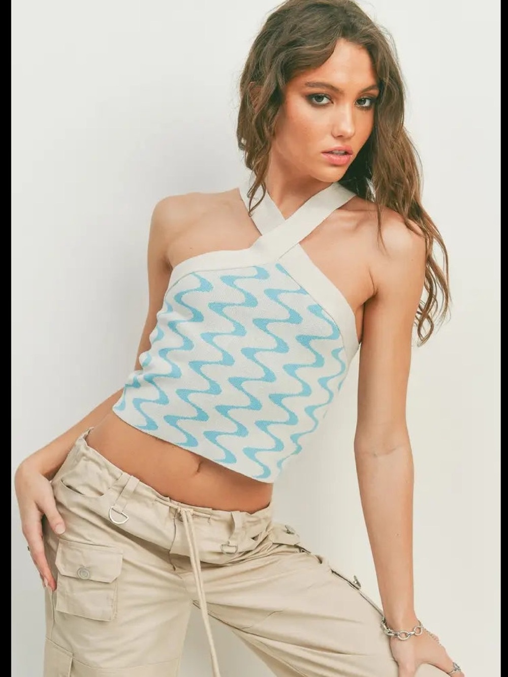 Pretty Damage Wave-Pattern Blue & Cream Cross-Strap Crop Top 💙💙